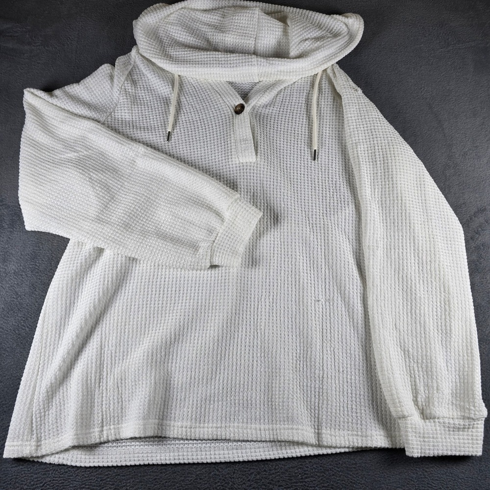 Dokotoo White Waffle Knit Hoodie Henley Button Pullover Top
